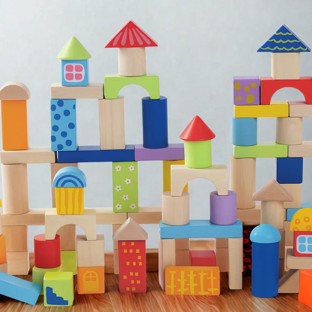 Värikkäät puiset rakennuspalikat – 100 osaa | Montessori-lelu